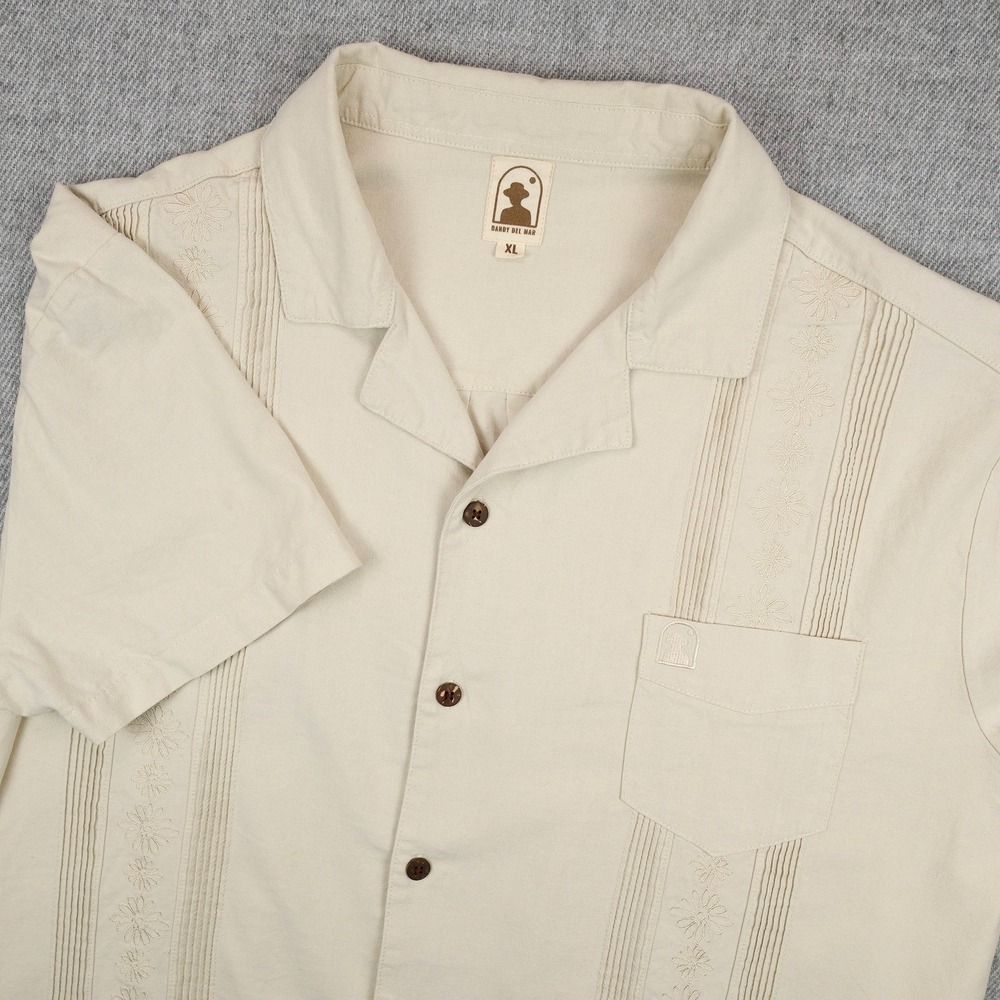 Dandy Del Mar Shirt Mens XL Cream Embroidered Linen Cotton Guayabera (Patched)